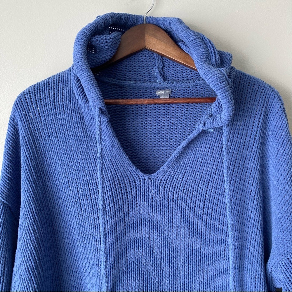 Aerie Chenille Oversized Hoodie Sweater Blue V-Neck Side Slit XS/S - Picture 2 of 12